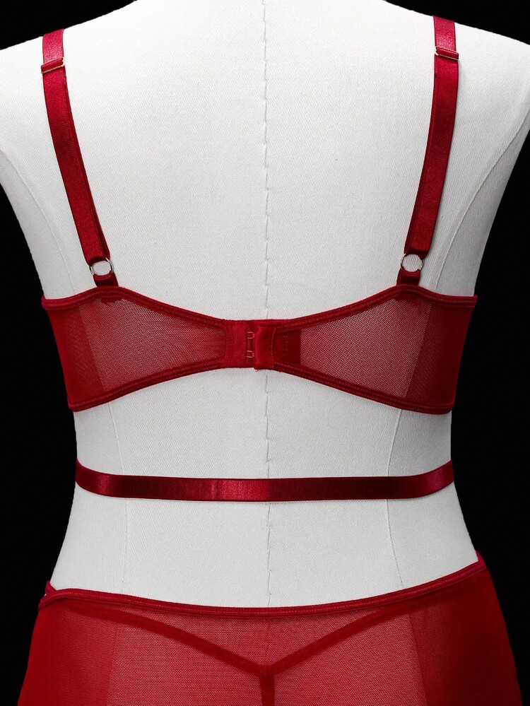 SHEIN 2pcs Plus Size Lace Contrast Mesh Lingerie Set With Underwire - Burgundy - View 3