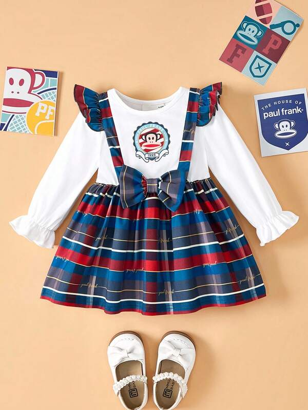 Paul Frank X SHEIN Baby Girl Casual Round Neck Flare Long Sleeve Plaid Pattern 2 In 1 Dress