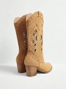 Styleloop Women's Hollow Out Western Style Pointed Toe Chunky Heel Mid-Calf Boots, BOHO Chic American Retro Bohemian Western Music Festival Party Christmas Halloween Outfit - Camel - View 4