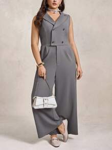 Zelara Plus Size Grey Solid Sleeveless Jumpsuit For Summer,Casual Bussines Semi Formal Work Clothes,Women Lapel Button Stretchy Homecoming Professional Sets - Grey - View 5