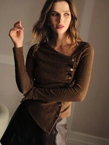 MOTF PREMIUM ASYMMETRICAL HEM BUTTON UP T-SHIRT - Coffee Brown - View 7