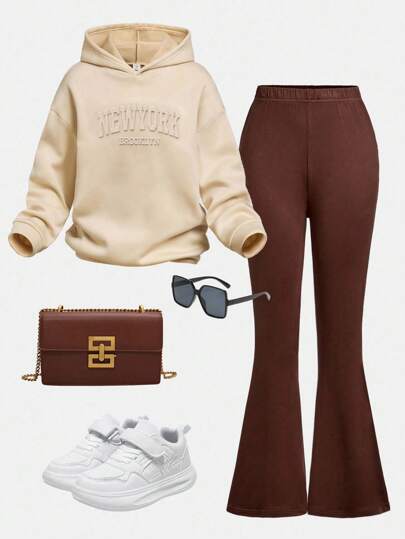 SHEIN ChillGRL 2件套青少年女孩城市名称3D图案针织连帽衫+针织喇叭裤套装