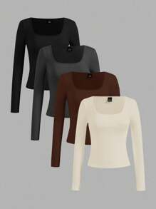 SHEIN Essnce 4pcs/Set Casual Solid Color Crew Neck Long Sleeve T-Shirts For Women, Versatile For Autumn/Winter,Fall Tops