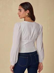 Enchnt Autumn And Winter Romantic Women Elegant Commuter White Lace Trim Square Collar
Puff Sleeves  Blouse, Suitable For Vacation,Sweet&Date&Holiday&Graduation&Beach,Fall Blouse For Women,Fall Clothes,Bohemian Clothes