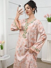 Al Najma 2025夏季新款V领阿拉伯风格印花拼布欧根纱直袖连衣裙 - 淺粉色 - 查看 5
