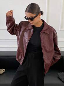 DAZY 女士休闲长袖拉链常规夹克，适合日常穿着，秋季女装皮夹克女式外套