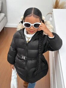 SHEIN Young Girl's Cute Versatile Thermal-Lined Black Padded Coat, Suitable For Autumn/Winter Fall - Black - View 4