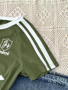 TEENGIRL 红色修身圆领撞色边T恤，适合街舞、赛车徽章和字母图案T恤 - 軍綠色 - 查看 5