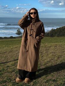 DAZY 女士纯色宽松长袖高领牛角扣口袋休闲街头加厚外套，秋冬款 - 棕色 - 查看 5