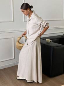 Livesso 女式全白衬衫上衣和宽松短裙两件套 - 杏色 - 查看 4