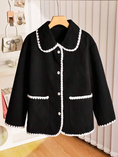 Tween Girls Fashionable Comfortable Natural Elegant Black Contrast Piping Overcoat, Autumn/Winter