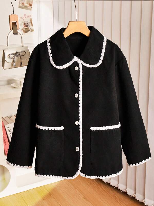 Tween Girls Fashionable Comfortable Natural Elegant Black Contrast Piping Overcoat, Autumn/Winter
