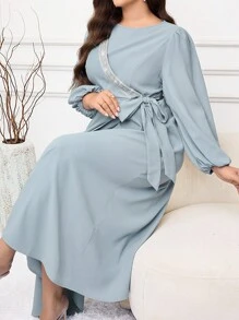 Veilorie Robe élégante à manches lanternes, col rond, avec décoration de perles fausses et nœud sur le côté pour femmes grandes tailles - Vert - Voir 7