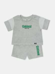 SUMWON Conjunto de dos piezas de club de tenis de verano con estampado de logotipo, sudadera con cintura elástica, pantalones cortos con cordón, conjunto de ropa activa y casual - Gris Claro - Ver 7