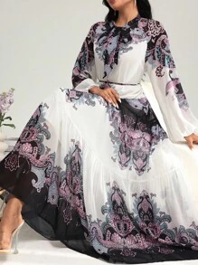Lacomfia 女式 V 领灯笼袖系带蝴蝶结腰部印花连衣裙，春夏 - 紫色 - 查看 1