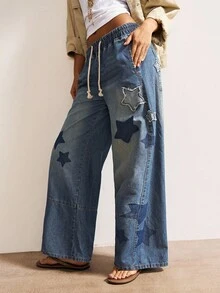 Bohemela 女士休闲纯色梭织牛仔裤，波西米亚复古风格，秋冬 - 藍色 - 查看 5