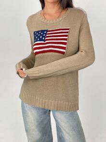 SHEIN PETITE Women 4th Of July American Flag Pattern Round Neck Casual Long Sleeve Sweater Autumn Winter Clothes For Women - Khaki - View 6