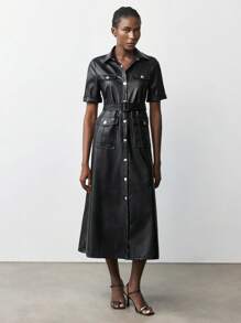 Maija 女式黑色 PU 面料连衣裙，搭配银色金属纽扣装饰，百搭现代都市时尚，四季皆宜 - 黑色 - 查看 3