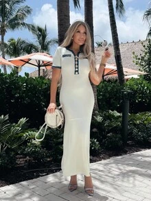 Cioccolato Summer Contrasting Women's Elegant Dress - Apricot - View 6