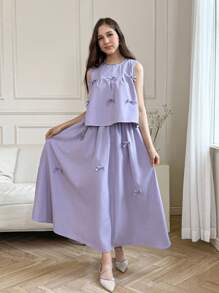 SHEIN Teen Girl Bow Decor Camisole & Mini Skirt Set - Violet Purple - View 8