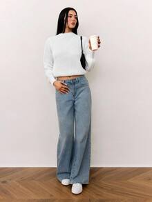 SHEIN Tall Suéter casual de mujer de unicolor con mangas farol, suéter acanalado blanco para otoño/invierno - Blanco - Ver 5