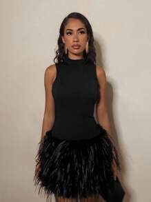 Glamine Charm 黑色高领人造毛皮拼接优雅俱乐部服装 - 黑色 - 查看 3