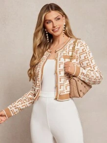 Amorya 女式优雅针织撞色复古卡其色花卉图案开衫，秋季 - 彩色 - 查看 3