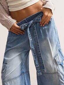 Bohemela 休闲纯色梭织牛仔宽腿宽松裤