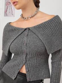 COUREZ Off The Shoulder Button Front Rib Knit Jumper /Y2K Going Out Outfits  Women Clothes  Clothes Cute Spring Sexy Going Out Tops - Dark Grey - View 5