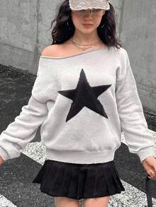 SHEIN 少女纯灰色黑色星形图案宽松毛衣，可转换不对称领长袖针织套头衫，适合返校、秋季、Y2K、万圣节、荧光色、秋季、假日/返校/开学第一天/返校/开学第一天冬季 - 灰色 - 查看 5