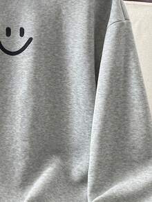 Teen Boy Smiling Face Print Casual Loose Fit Long Sleeve Stand Collar Sweatshirt Cute Sweatshirt Oversized Gray Sweatshirt Fall Autumn And Winter - Grey - View 3