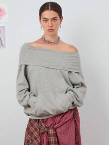 COUREZ Oversized Off Shoulder Sweatshirt /Y2K Going Out Tops  Women Clothes  Clothes Cute Off The Shoulder Top - Grey - View 5