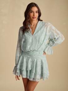 Enchnt Summer Romantic Women's Green Jacquard Cowl Lace Neck Dropped Shoulder Long Sleeve Layered Ruffle Hem Mini Dress, Suitable For Vacation,Sweet&Date&Holiday&Party&Graduation,Summer Clothes, ,Elegant Dresses For Party,Bohemian Clothes - Green - View 3