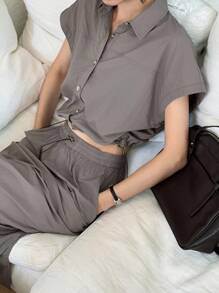 DAZY 女士商务休闲短袖衬衫半裙两件套，秋季款 - 灰色 - 查看 5