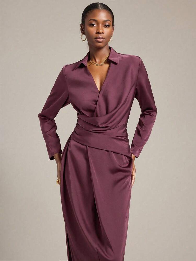 Women's Dark Purple Satin Midi Dress,Long Sleeve V-Neck Wrap Dress,Elegant Autumn Dining Outfit,Minimalist Loose Fit Business Casual Office Wear