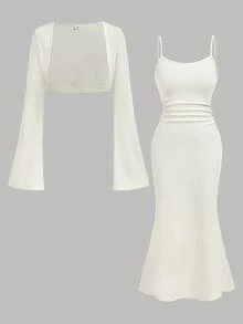 Girlism 2 件套少女米色人造毛皮披肩上衣和修身连衣裙套装，优雅时尚的休闲装 - 杏色 - 查看 10