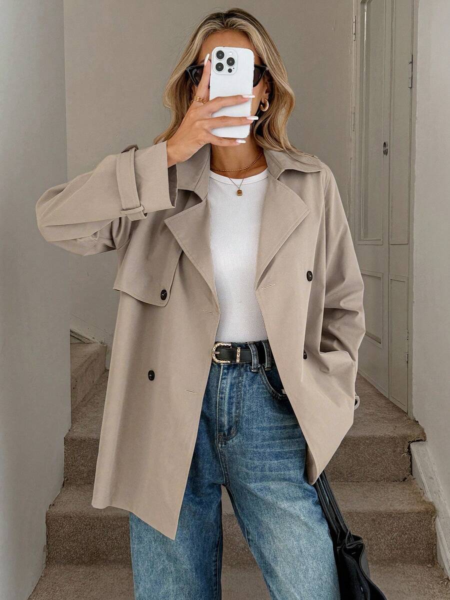 Easowa Áo khoác trench coat nữ màu kaki thường ngày có cổ ve và túi, dáng dài thông thường, áo khoác trench coat cỡ lớn cho nữ, áo khoác trench coat mùa thu, áo khoác trench coat trung tính - Màu Khaki - Xem 1