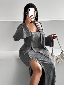 Maweii 2pcs Plus Size Women Set: Fitted Grey Ribbon Decor Asymmetric Hem Long Sleeve T-Shirt And Side Slit Midi Skirt Fall Cloth For Women - Grey - View 2