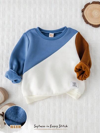 Cozy Pixies Baby Boy Decorative Jacquard Splice Contrast Color Soft Versatile Comfortable Crew Neck Long Sleeve Pullover Sweatshirt,In Fall/Winter