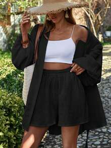Women's Textured Cotton Crinkle Casual Shirt And Shorts Set - Black - View 3