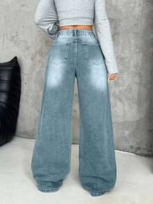 EURMUSE Women's Thick Denim Jeans, Oblique Placket, Loose Wide-Leg Pants, Blue - Light Wash - View 2