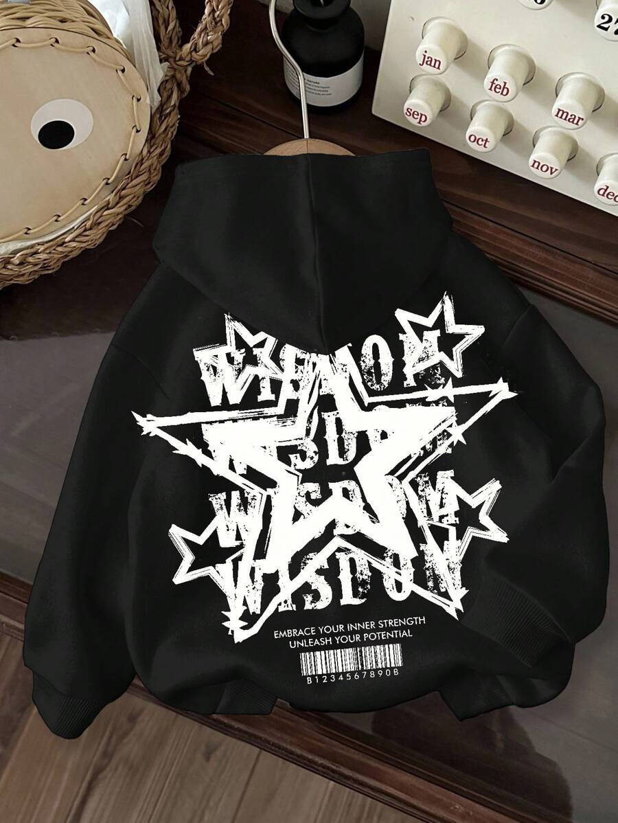 Vintage Star Teen Boy Casual Minimalist Pentagram Pattern Loose Fit Long Sleeve Sweatshirt, Suitable For Autumn, Back Of Clothes Fall Winter - Black - View 1