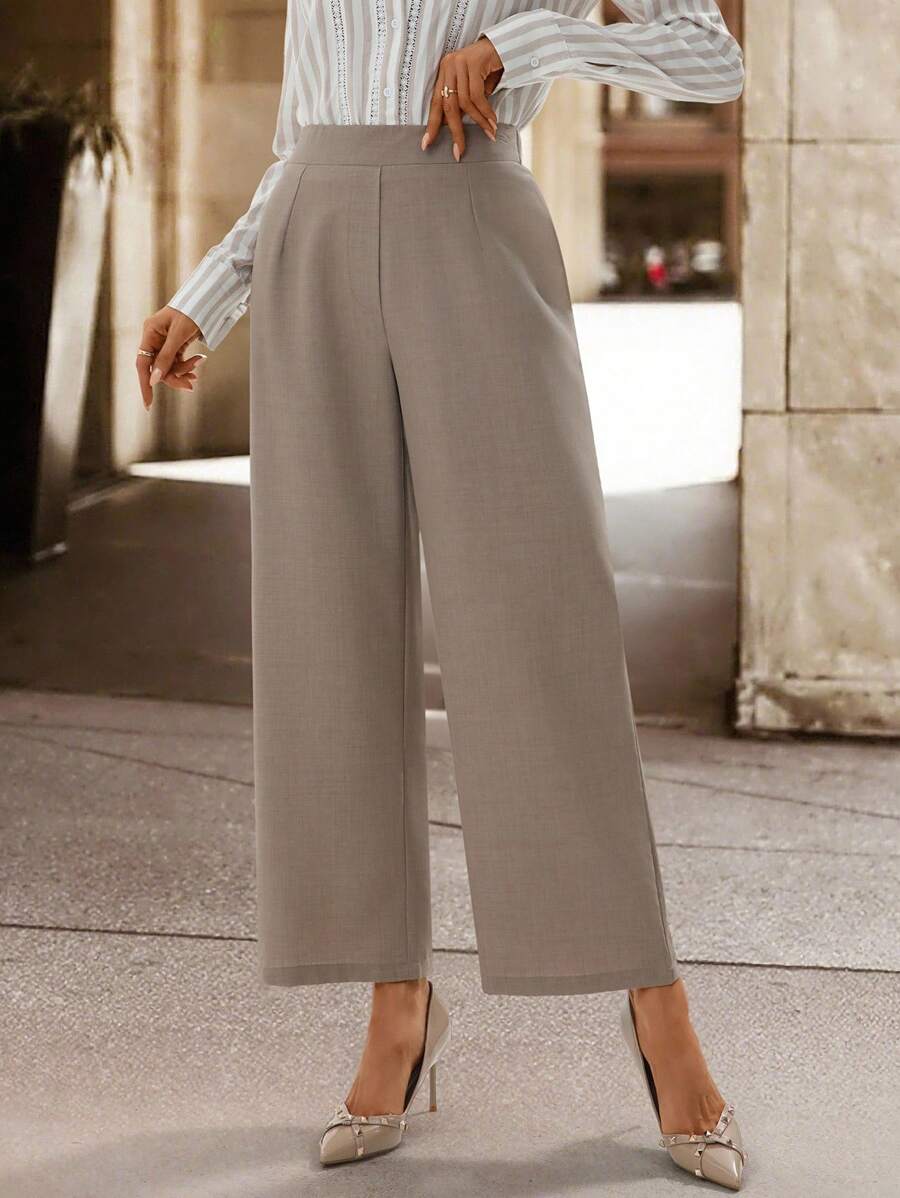 SHEIN Clasi Women's Lace Textured Straight Leg Pants, Faux Linen Deep Khaki Color, Elegant For Daily Wear And Commuting, Autumn/Winter - Khaki - View 1