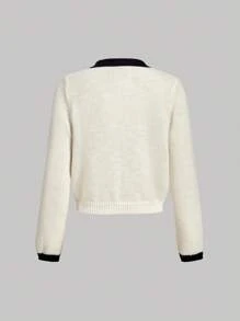 SHEIN Unity Cárdigan casual de cuello redondo con bloques de color para mujer, ropa de vuelta al colegio, cárdigan blanco casual para uso diario, blusas, brunch de mujer, feria del renacimiento, conciertos de mujer, en otoño/invierno - Albaricoque - Ver 2
