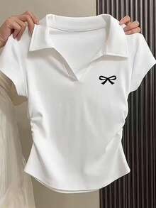 SHEIN Leap Crew Tricou polo cu mânecă scurtă, croit, culoare solidă, casual, cu fluture, pentru fete preadolescente - alb - Vizualizare 12