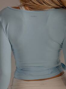 Aralina 女式纯色长袖裹身系带运动T恤 - 淺藍色 - 查看 3