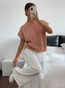 Siren Gaze Women's Floral Pattern Round Neck Short Sleeve Casual Knit Top,Knitted Sweater - Dusty Pink - View 3