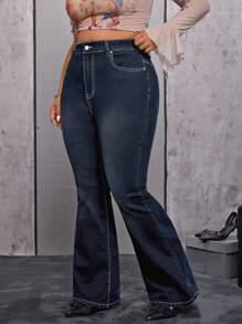 Jeanoix Quần jean ống loe thêu hoa cỡ lớn dành cho nữ - Màu xanh lam - Xem 5