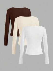 SHEIN EZwear 3 件套休闲纯棕色、米色、白色短袖短款修身 T 恤女士款，适合秋冬季 - 彩色 - 查看 2
