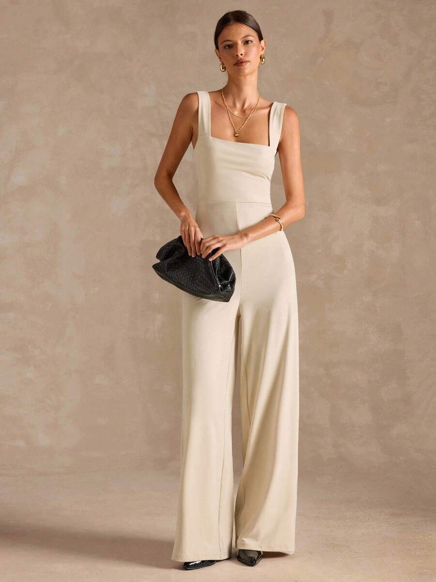 SHEIN BAE Bộ đồ liền thân ống rộng dây mảnh màu đen thanh lịch gợi cảm dành cho nữ với thiết kế nơ hở lưng, thích hợp mặc hàng ngày, hẹn hò, đi chơi, tiệc tùng, tụ tập, trang phục nhiều lớp thanh lịch dành cho nữ, trang phục đi chơi, ngày lễ tình nhân, thường ngày, thanh lịch, đi nghỉ - Màu be - Xem 1